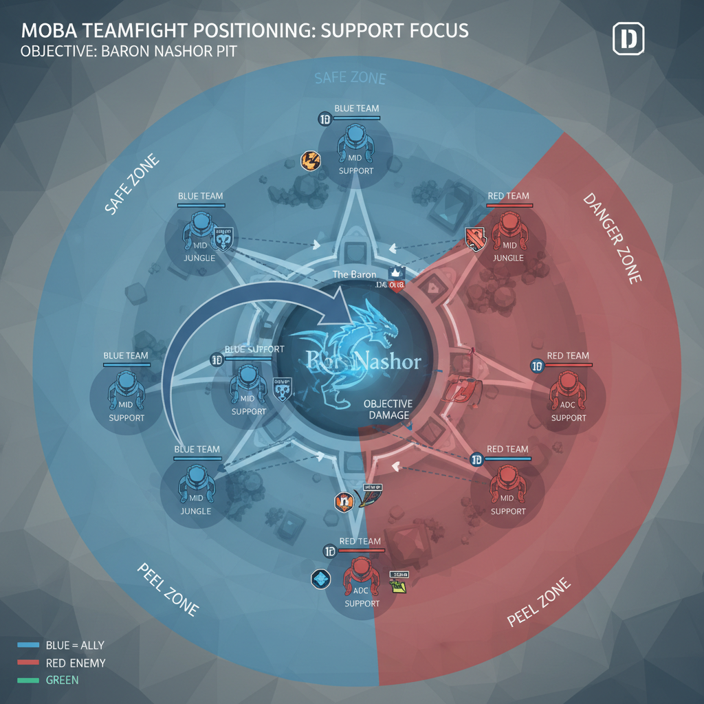 Diagram-style view of support positioning angles around a teamfight in a MOBA