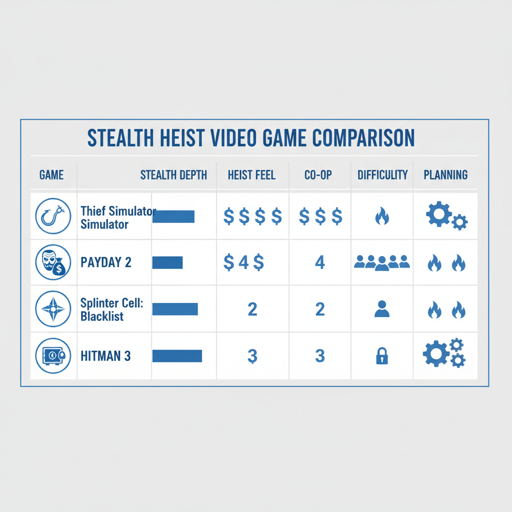 Comparison table concept for stealth heist games with icons for difficulty, co-op, and planning