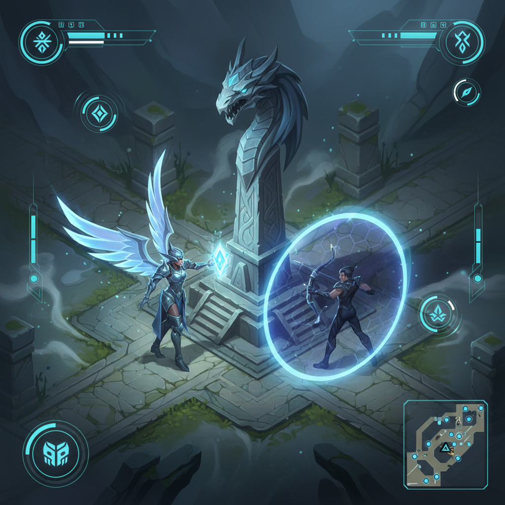MOBA support player placing vision and protecting carries near an objective