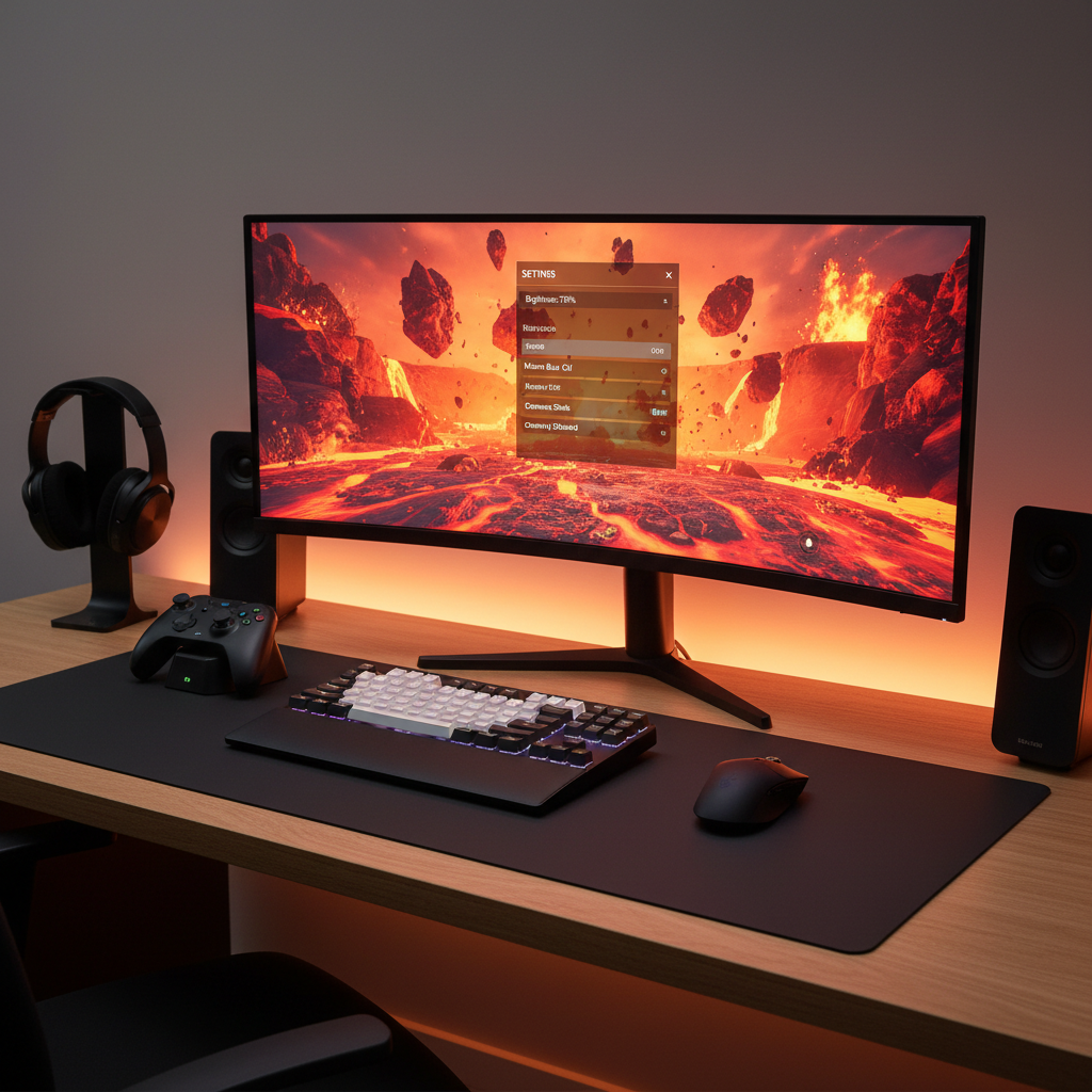 Gaming setup showing accessibility and graphics settings for volcanic levels