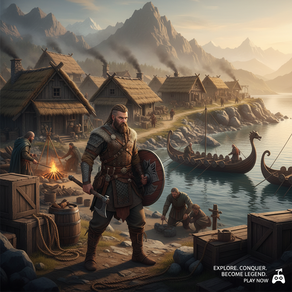Open-world Viking settlement and raid combat vibe similar to Assassin’s Creed Valhalla