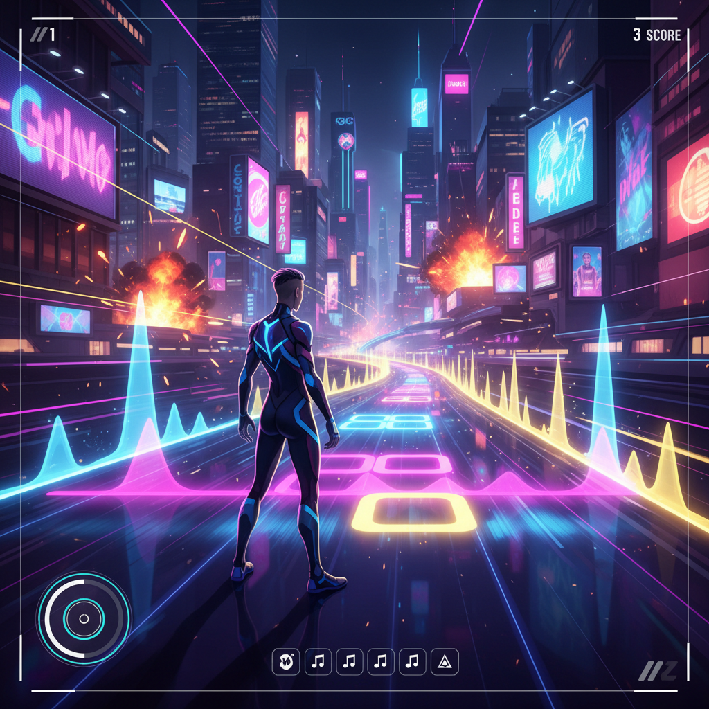 A music-driven video game scene with a character interacting with sound waves and UI beat markers