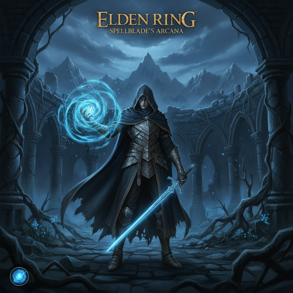 Mage spellblade casting magic while holding a sword in Elden Ring style scene