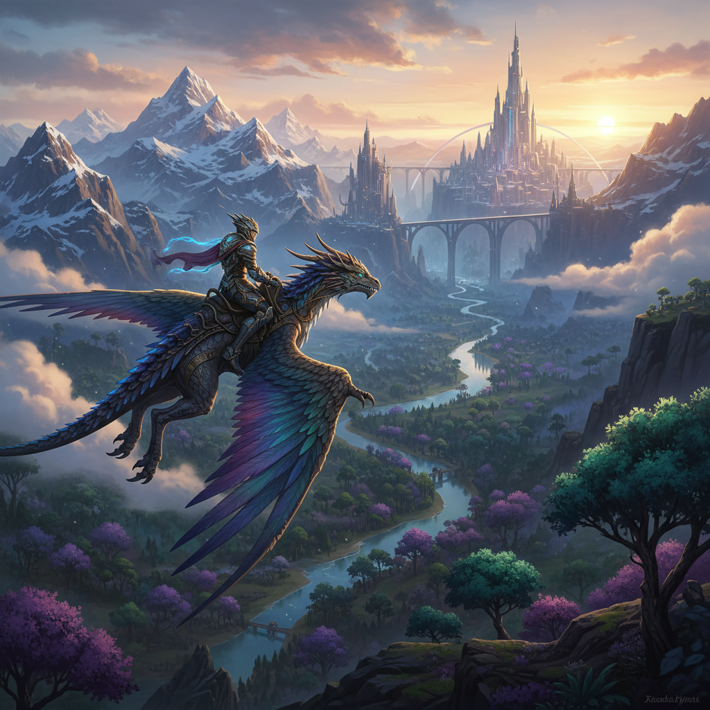 Fantasy open world character flying on a mount over a vast landscape