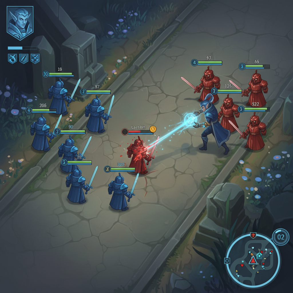 MOBA laning scene showing minion waves and last-hit timing