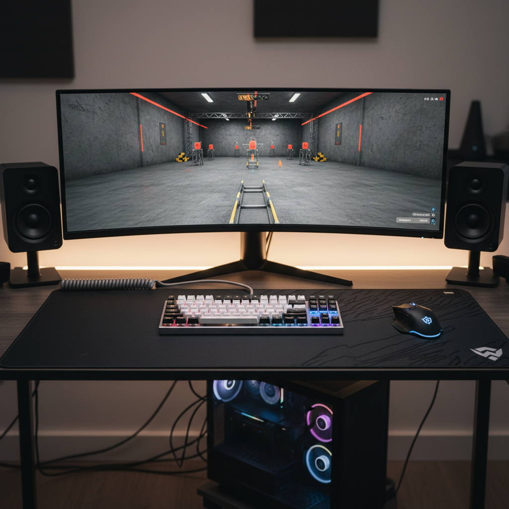 Mechanical keyboard setup for competitive gaming on a PC desk