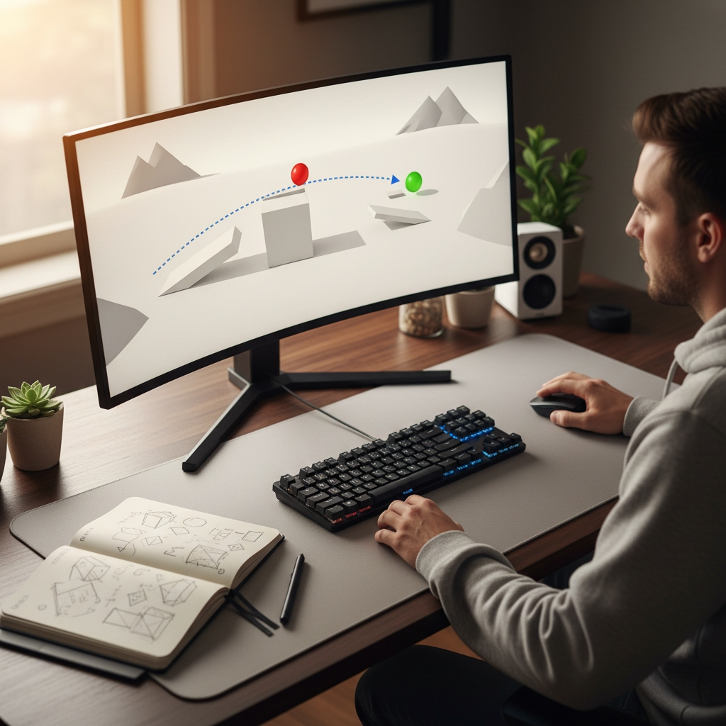 Player experimenting with a physics puzzle game solution on a desktop setup