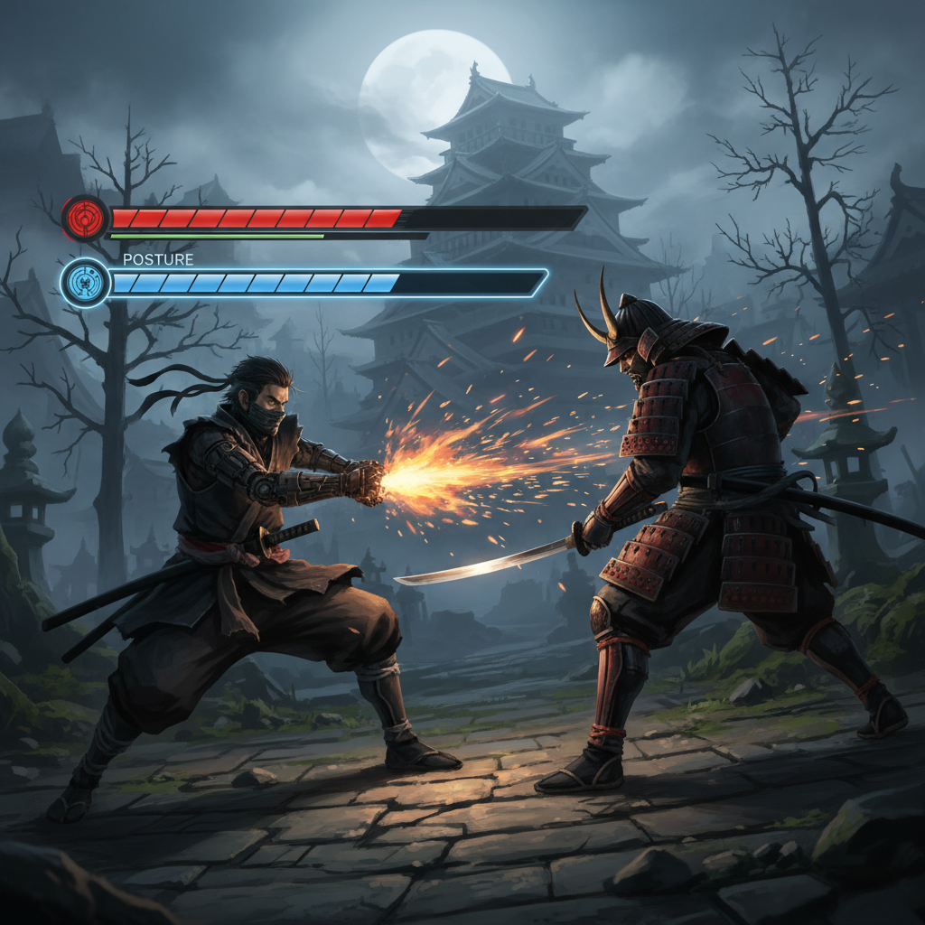 Sekiro using prosthetic tools in combat with posture and timing focus