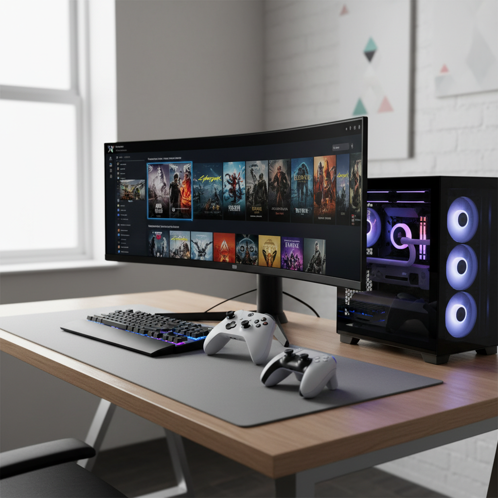 Xbox and PlayStation controllers connected to a Windows PC for Epic Games Launcher gameplay