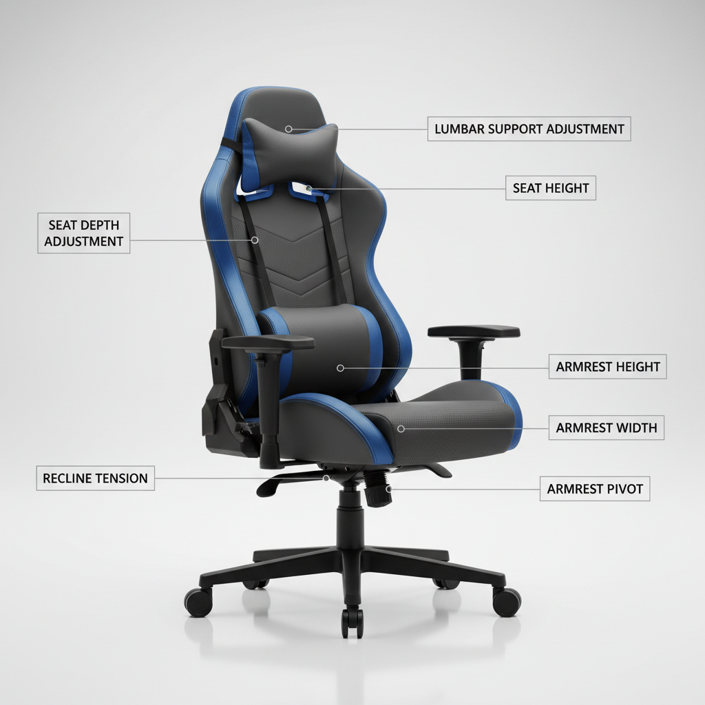 Ergonomic chair adjustment points for lumbar support, seat height, and armrests