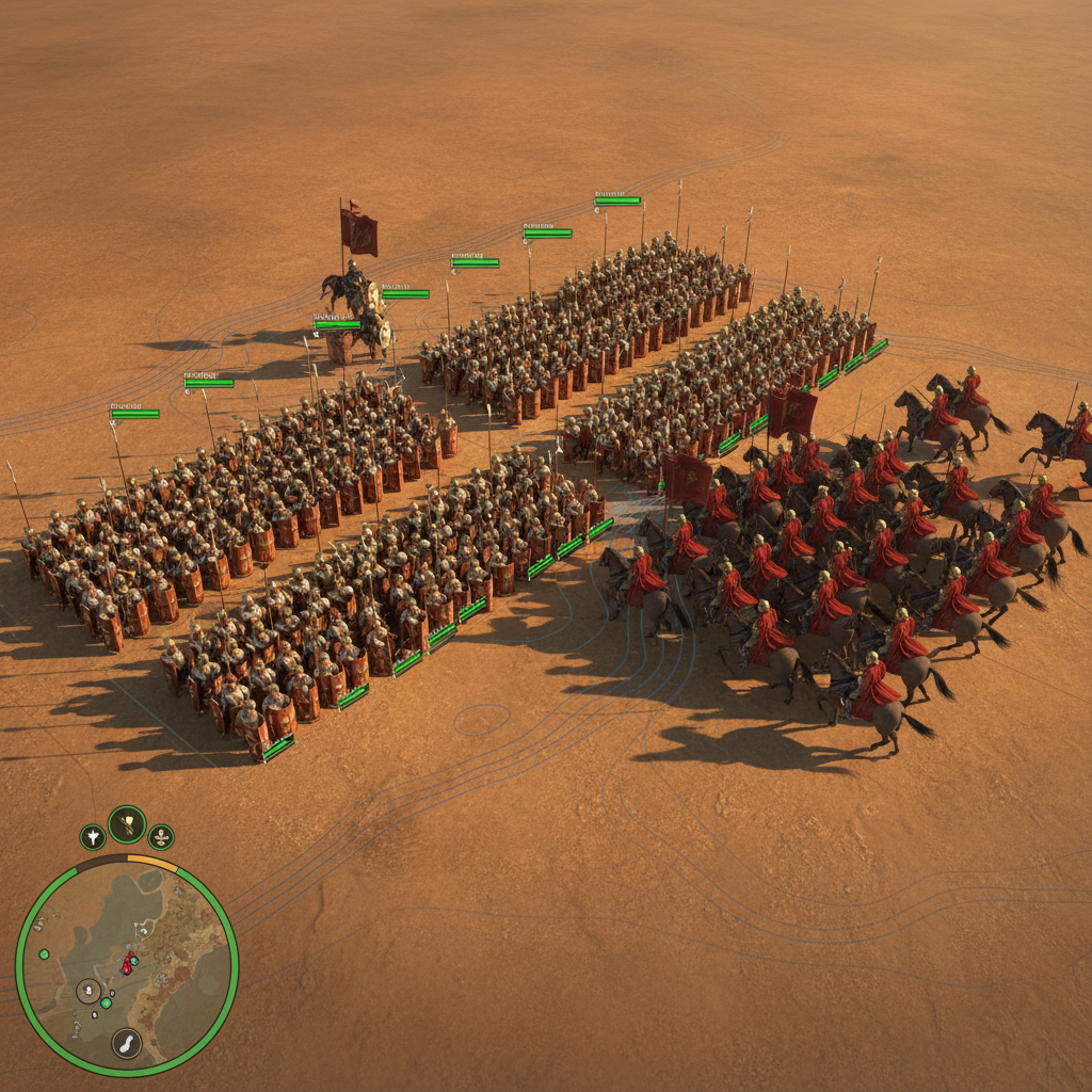 Roman battlefield tactical overview with unit formations and UI tips