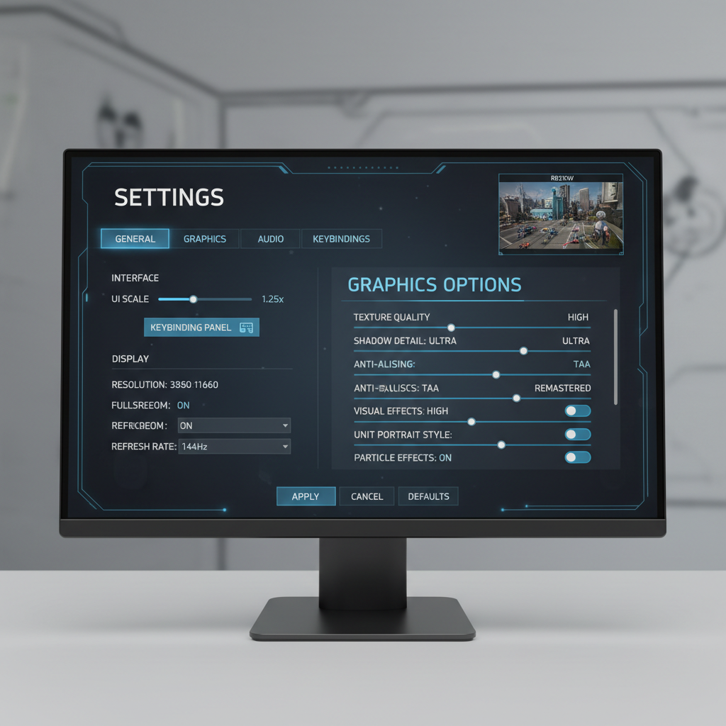 RTS remaster settings screen showing UI scale, hotkeys, and graphics options