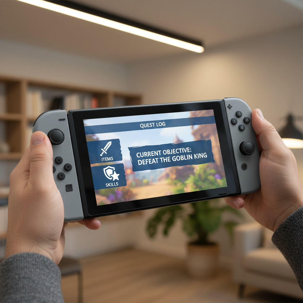 Close-up of Nintendo Switch handheld screen showing readable UI text