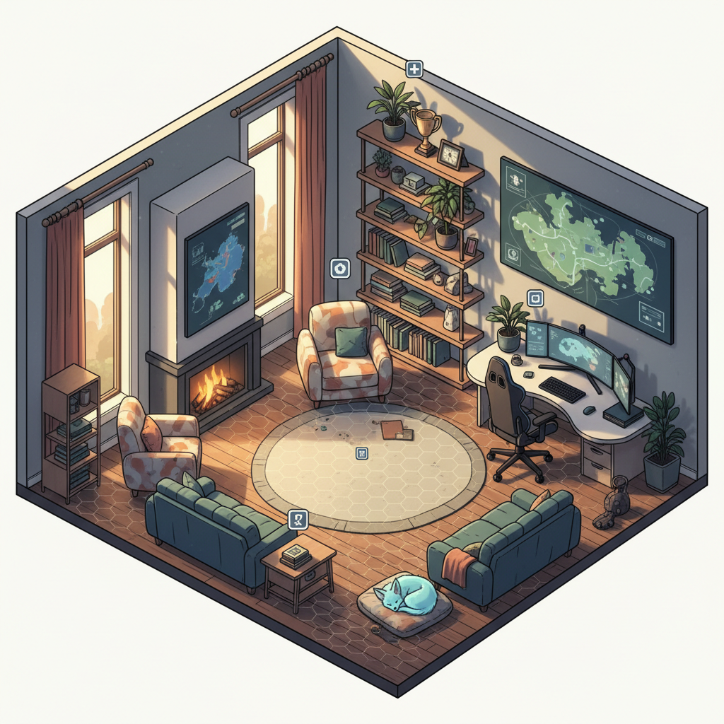 Cozy in-game player home with customizable furniture and lighting