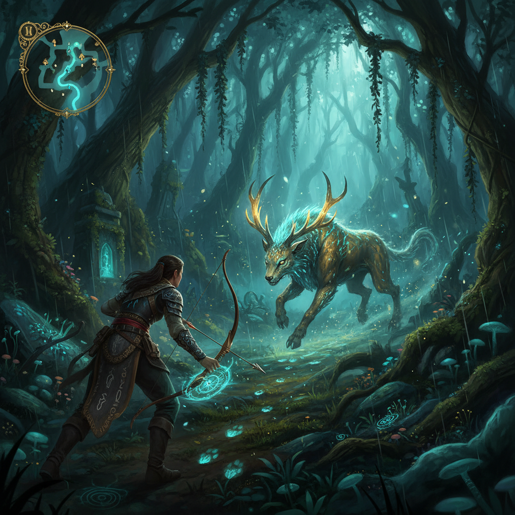 Fantasy hunter tracking a magical beast for loot