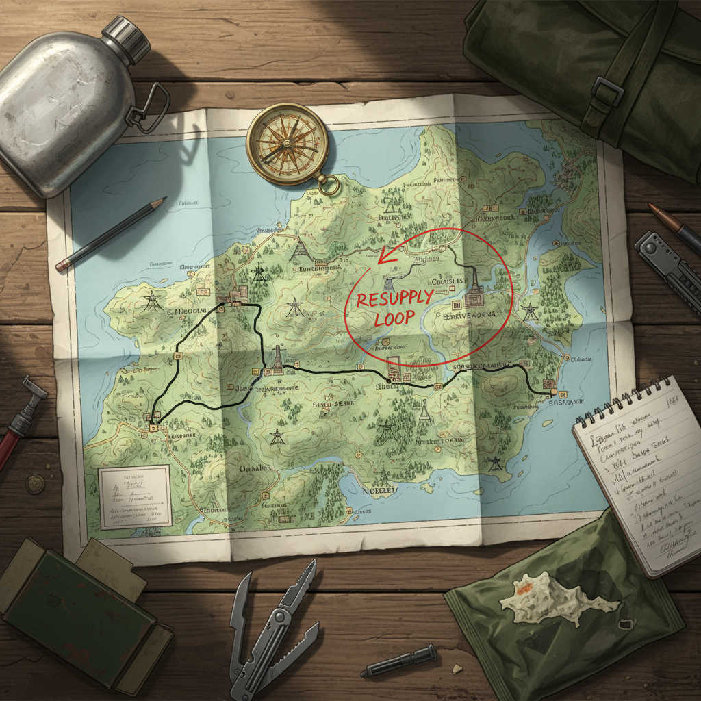 DayZ map planning with route lines for safe resupply loop and low traffic travel