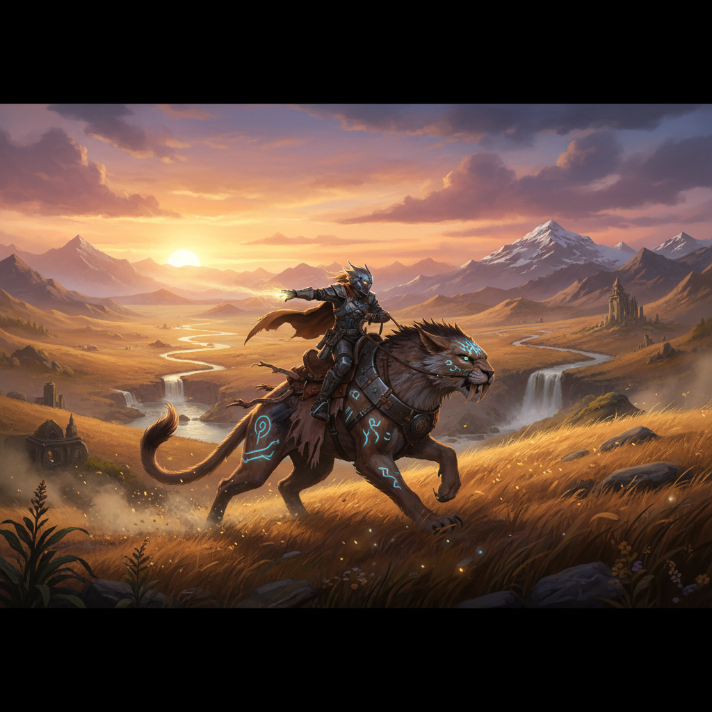 Player riding a tamed mount across an open world landscape