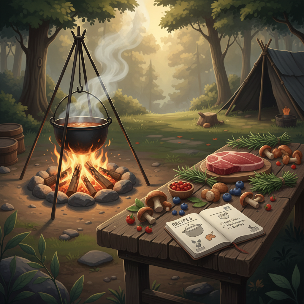 Survival game cooking setup with campfire and ingredients