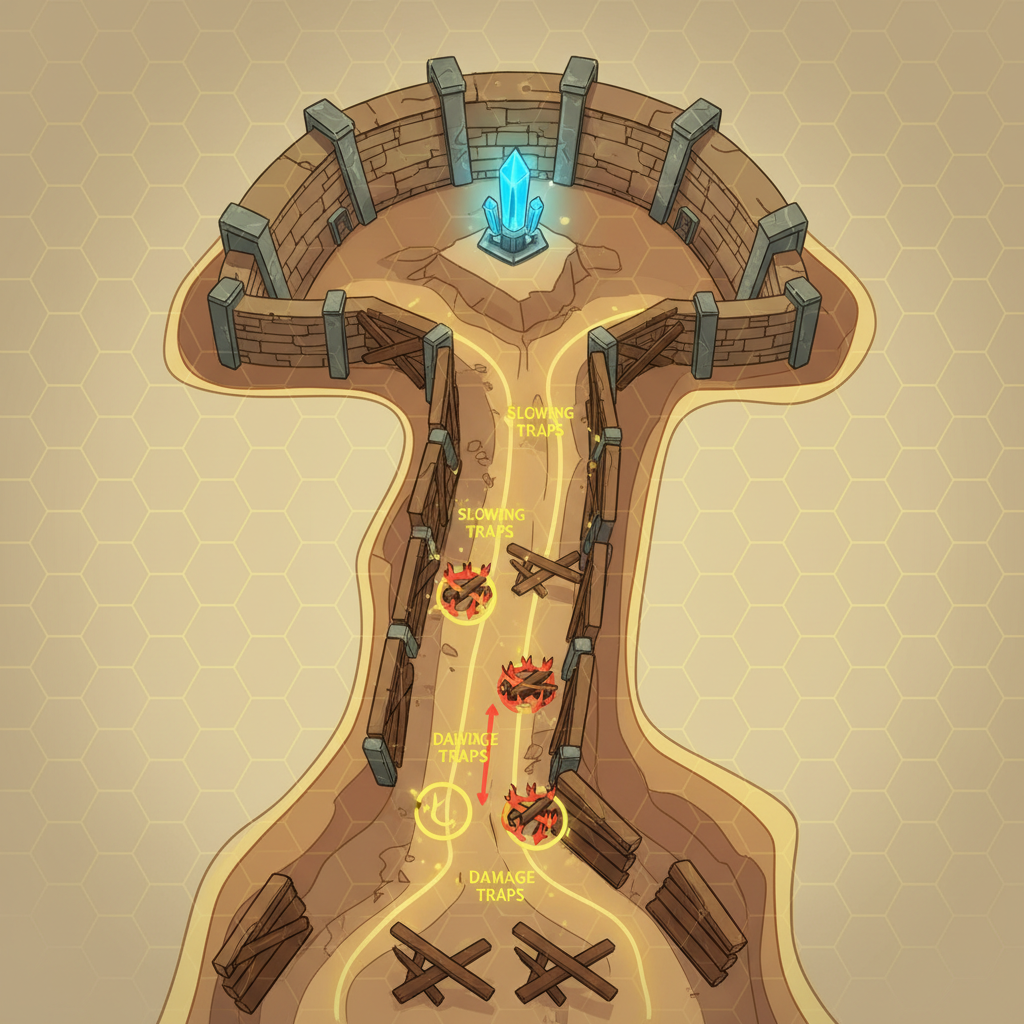 Layered defense plan with choke points, slowing traps, and fallback lines