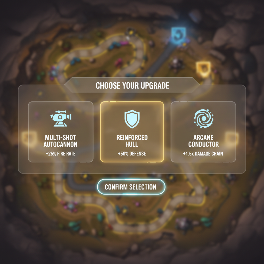 Player choosing roguelite upgrades in a tower defense game interface