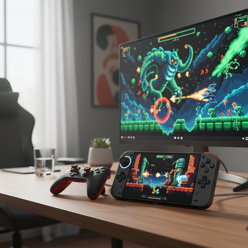 Game controller and handheld console setup for side-scrolling shooters