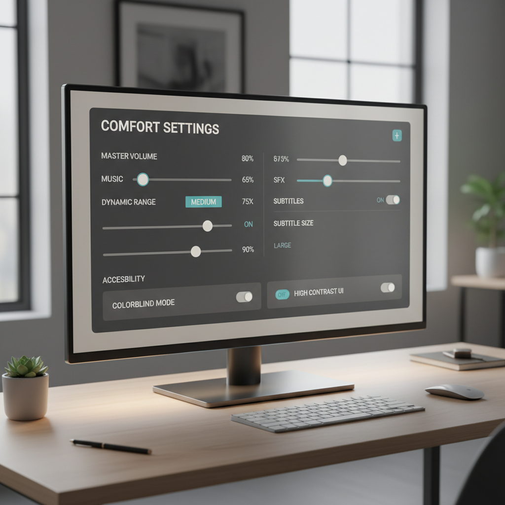 Game settings menu showing audio and accessibility options to reduce scares
