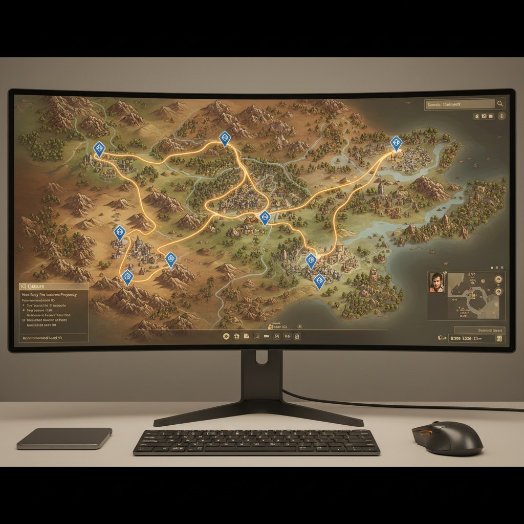 MMORPG quest routing map with optimized leveling path