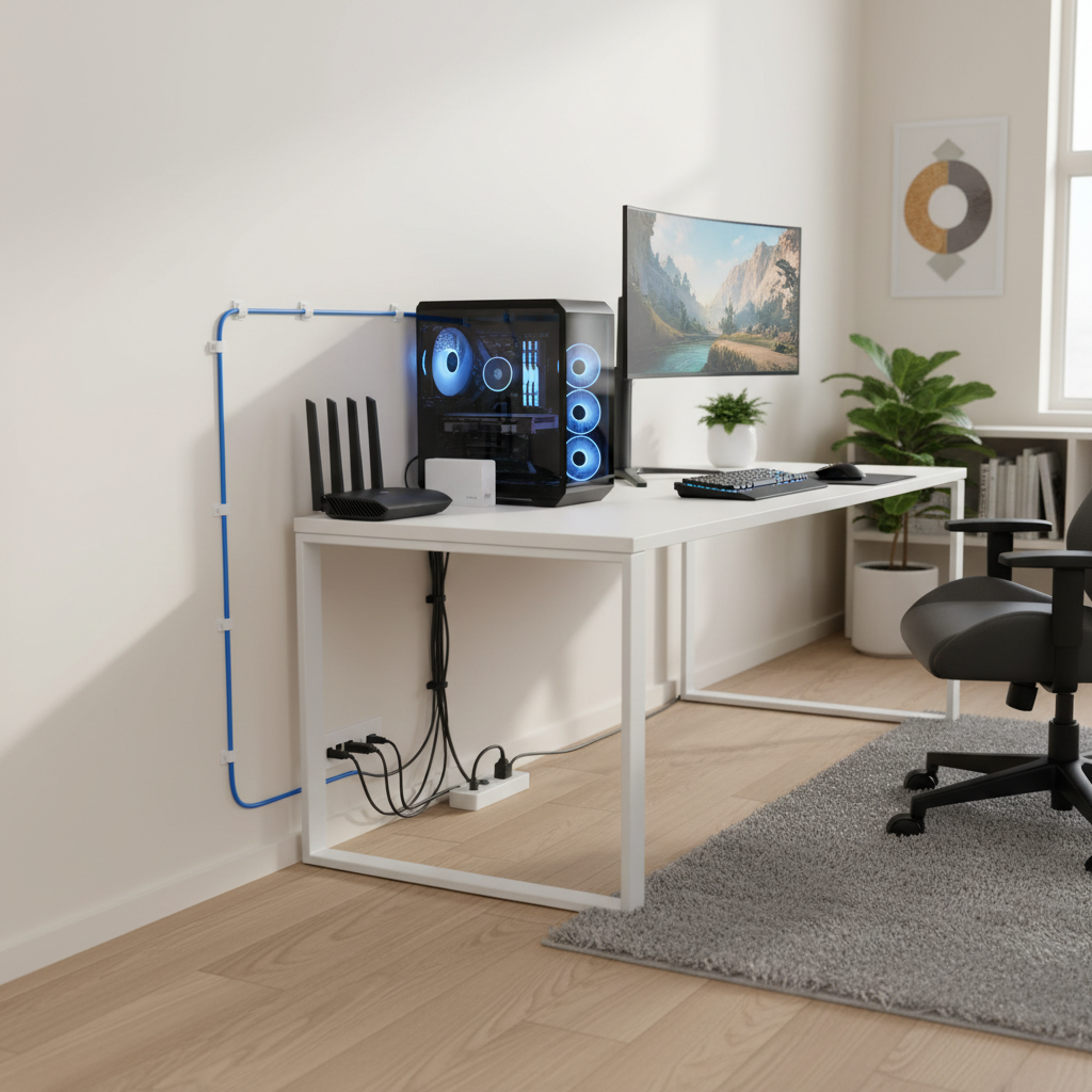 Ethernet cable routing tips for gaming setup near router and PC