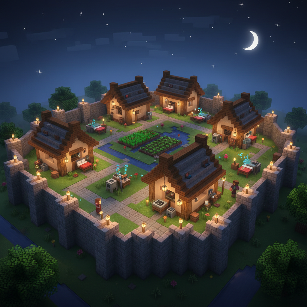 Fortified Minecraft village with wall, lighting, and villager beds