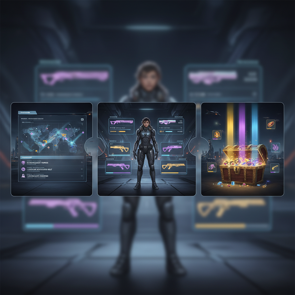 Fast loot farming loop in a looter shooter: mission board, loadout screen, and reward chest