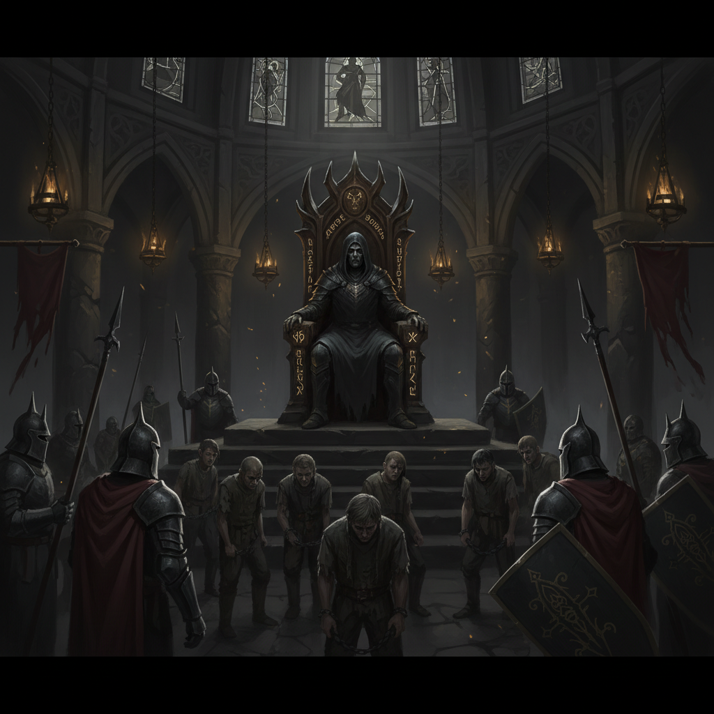 CRPG scene showing a villain protagonist judging prisoners in a dark fantasy court
