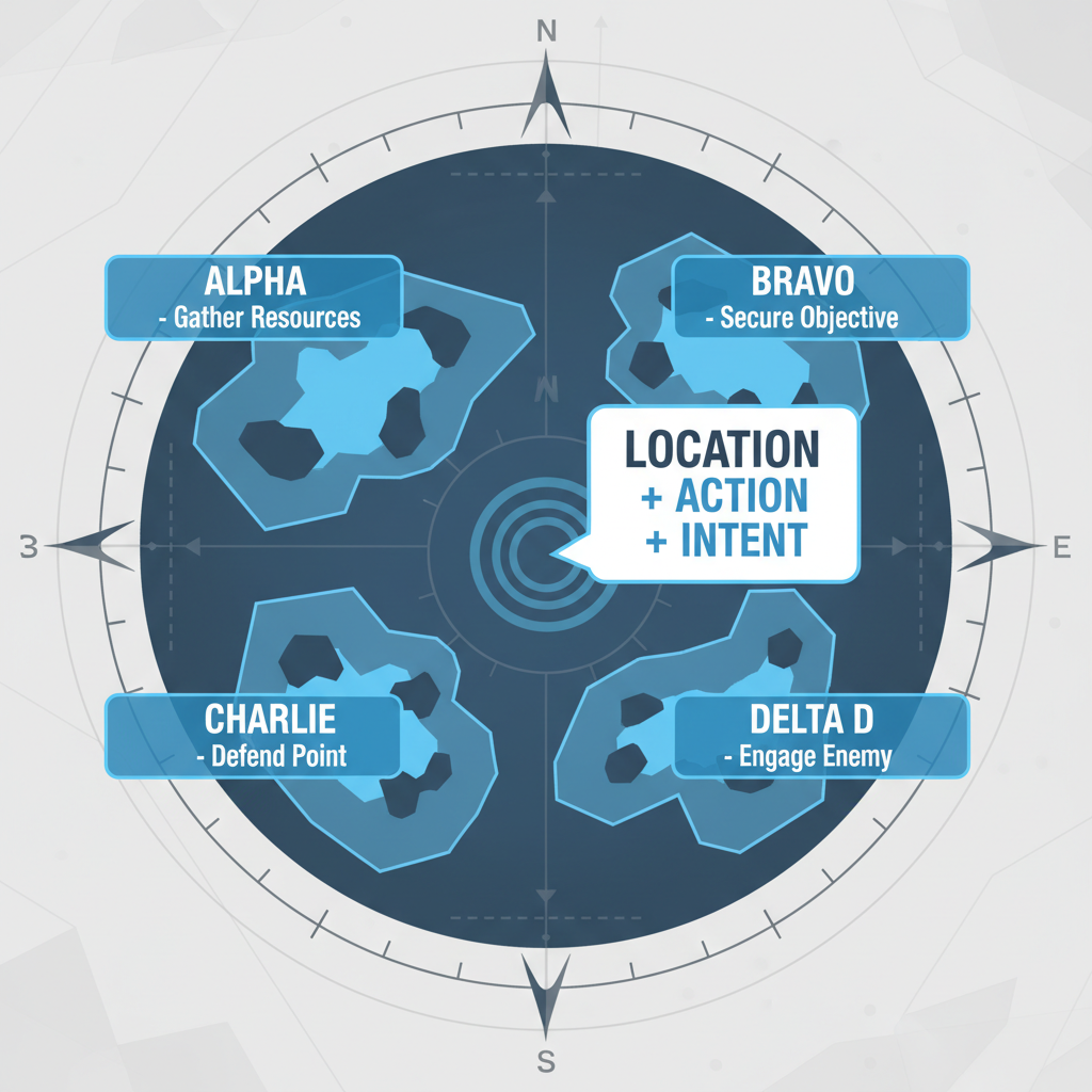 Example of a clear gaming callout structure with map locations and pings