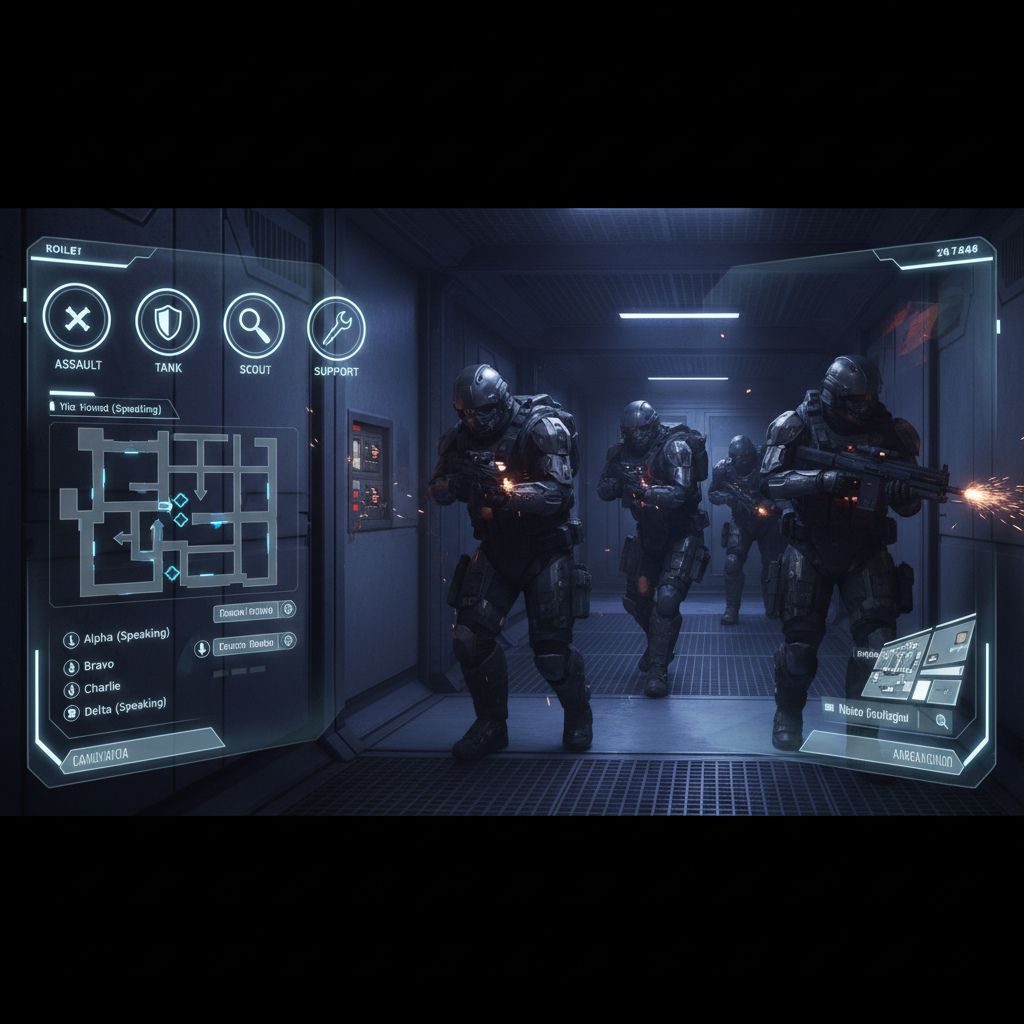 Co-op team using voice chat and role icons to coordinate a tactical mission