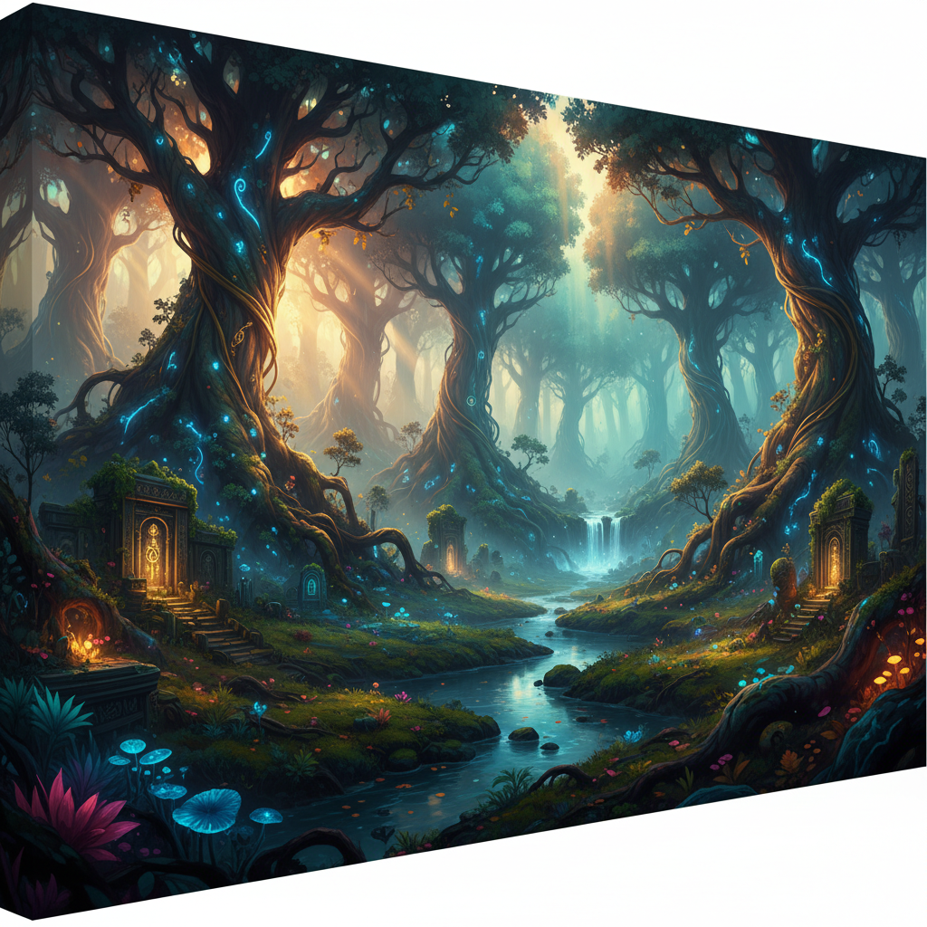 Magical forest game environment with glowing trees and ruins