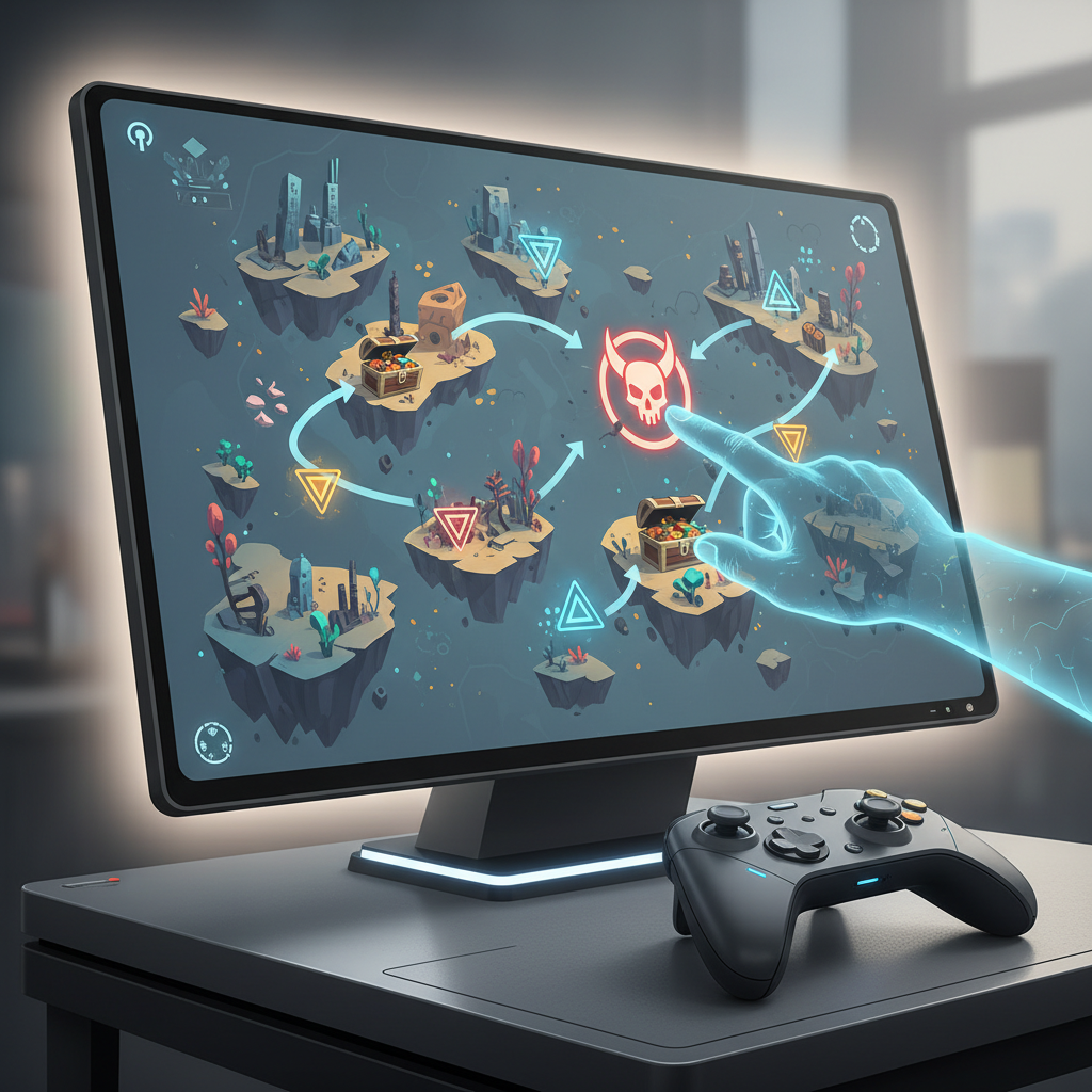 Player planning a loot farm route on a stylized game map with marked events and boss icons