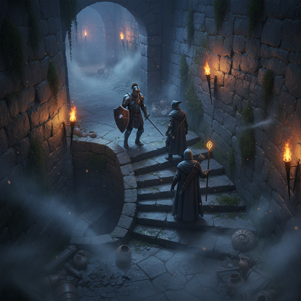 Party exploring a torchlit underground dungeon in a fantasy game