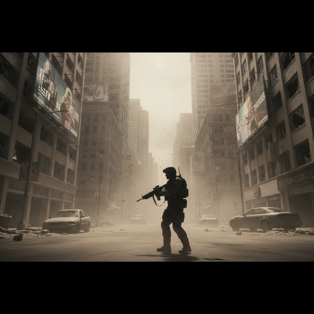 Moody psychological thriller game atmosphere with a lone soldier in a sandstorm city