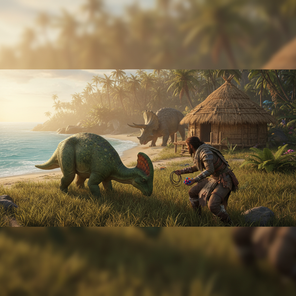 Early-game ARK survivor approaching a Parasaur and Trike near a thatch hut