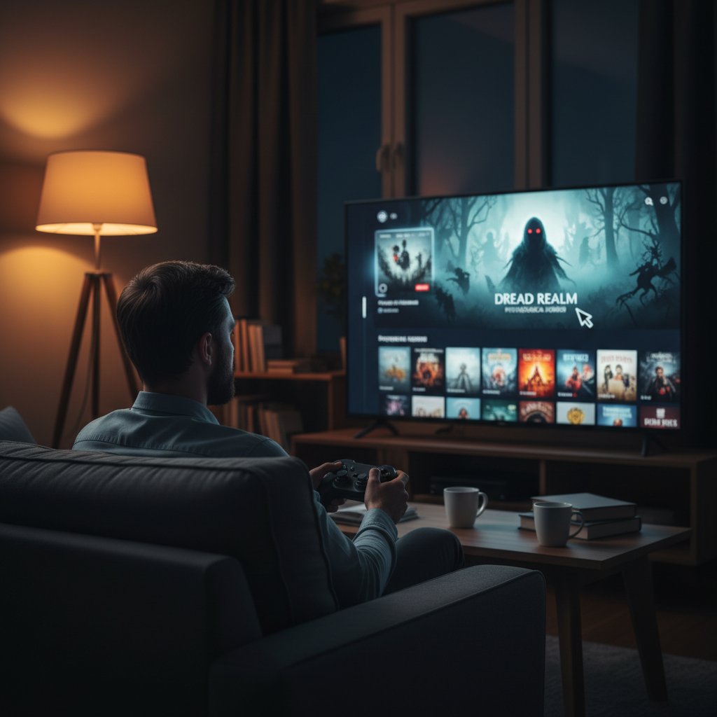 Player choosing a narrative-heavy psychological horror game on a console UI