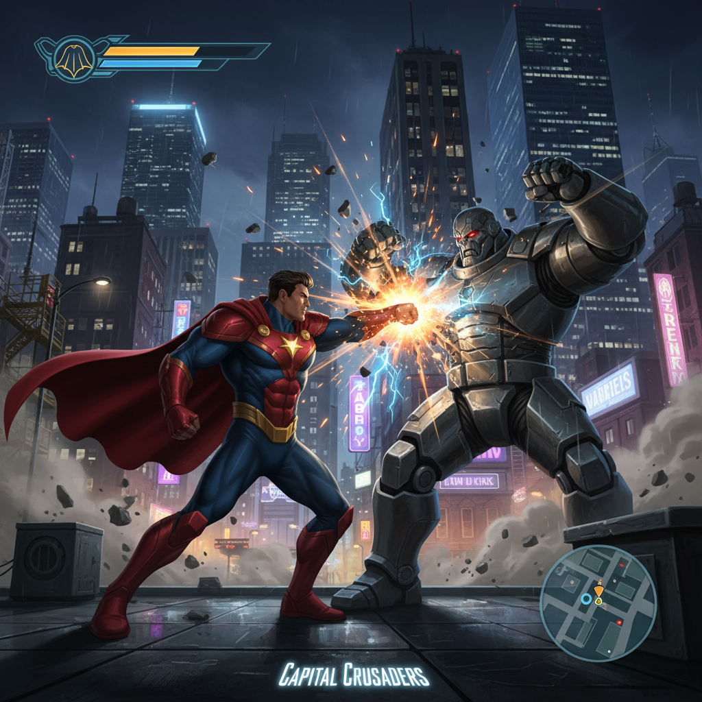 Superhero-themed combat gameplay with impact effects and close-quarters action