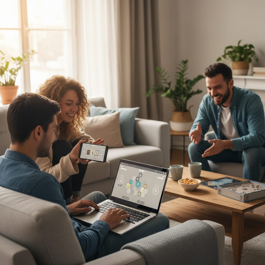 Friends playing an online board game digital version on laptop and phone