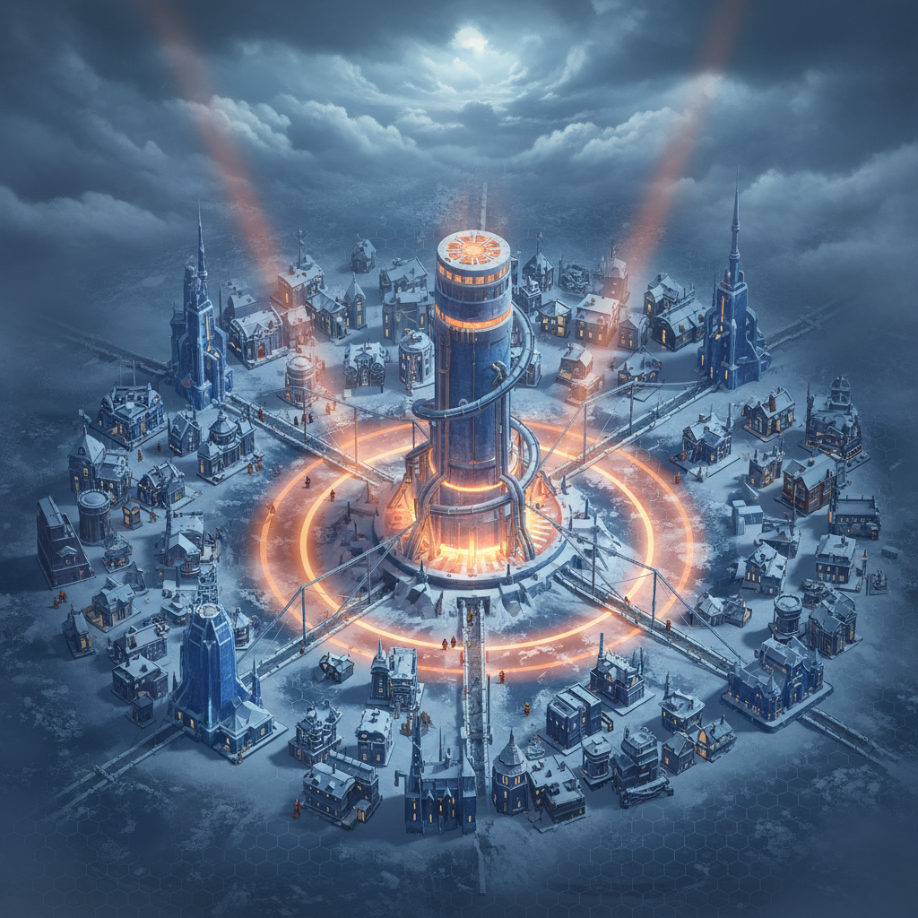 Snow city survival management game with generator heat radius and citizens in winter gear