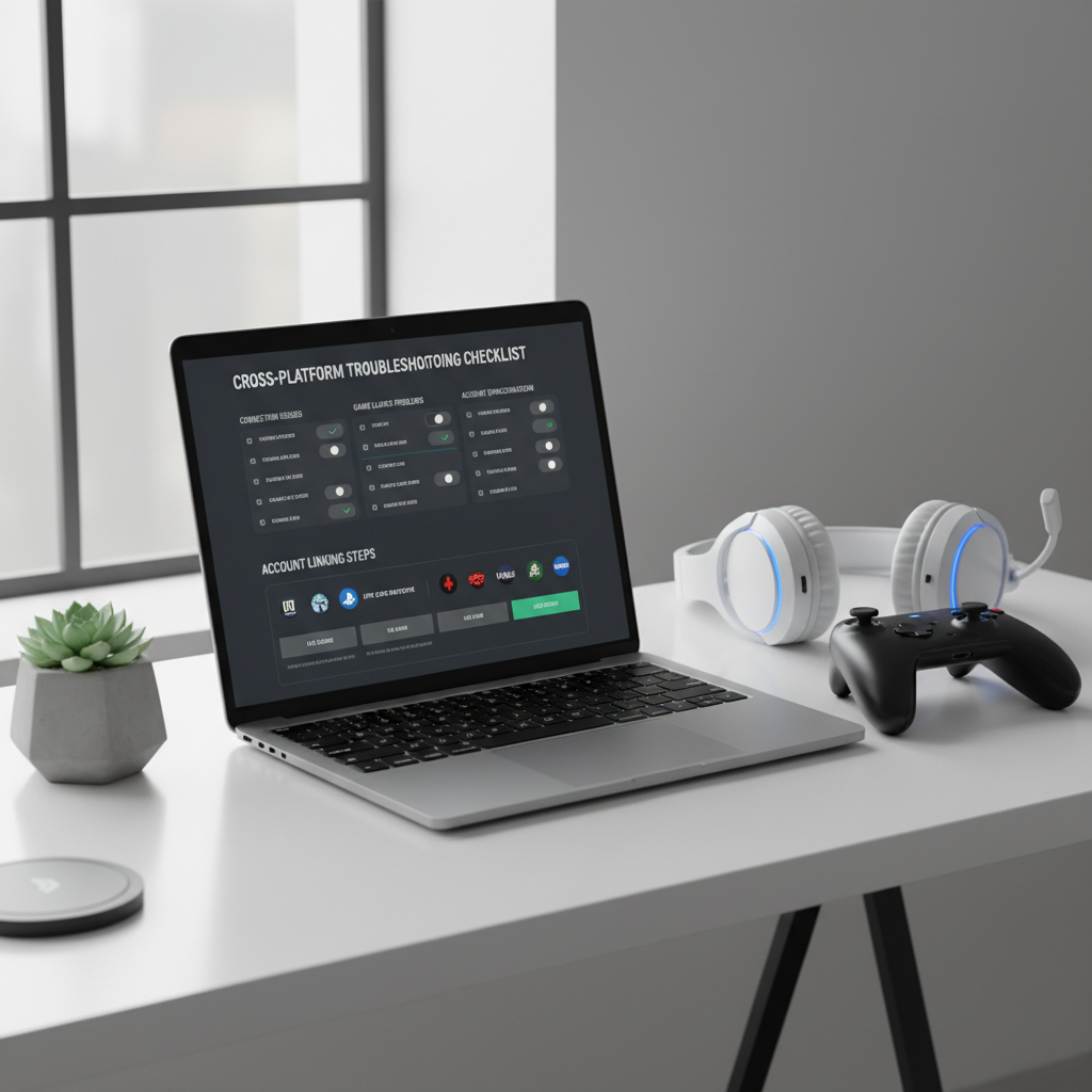 Cross-platform party invite troubleshooting checklist on a laptop next to a game controller