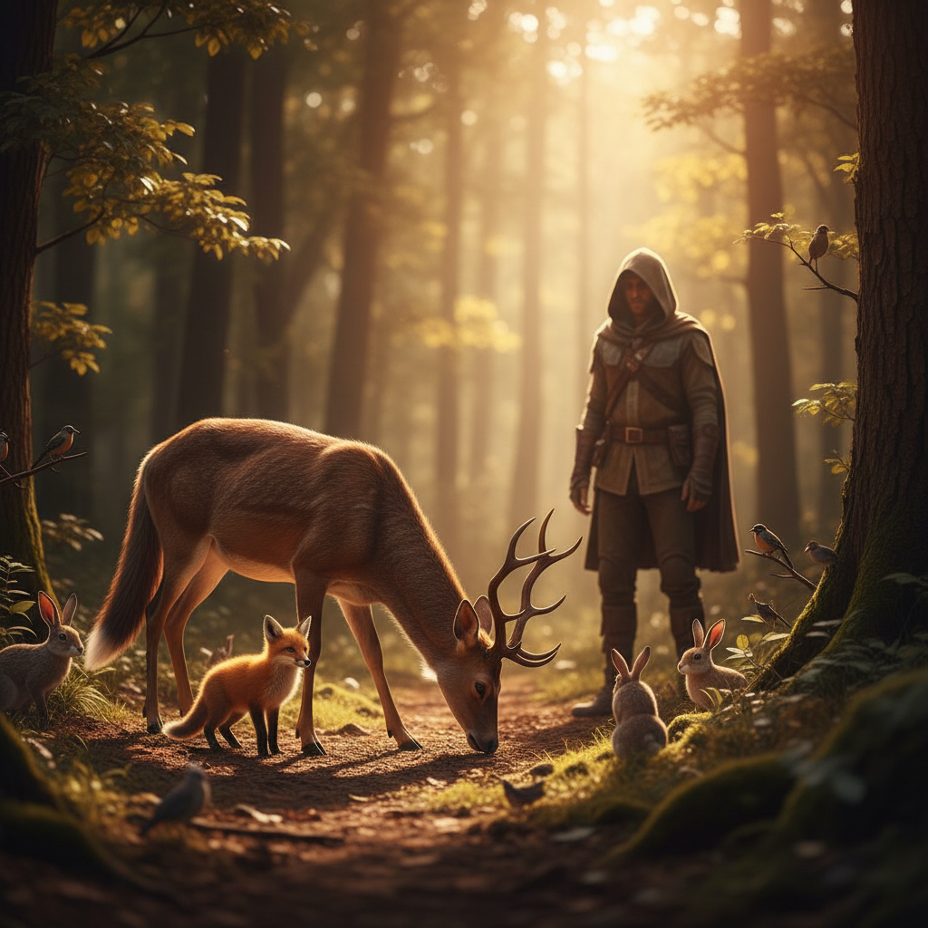 Cinematic forest wildlife moment in an open-world game