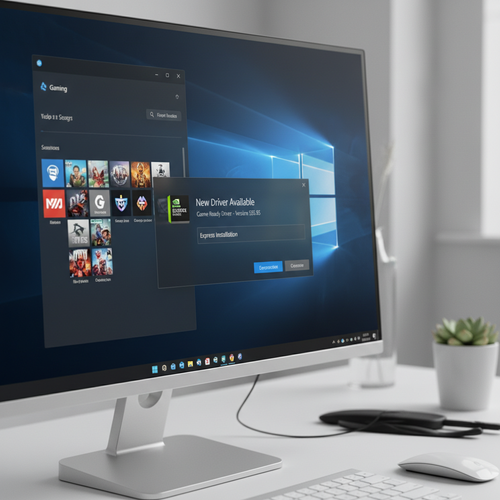 Windows gaming settings and GPU driver update screen for improving FPS