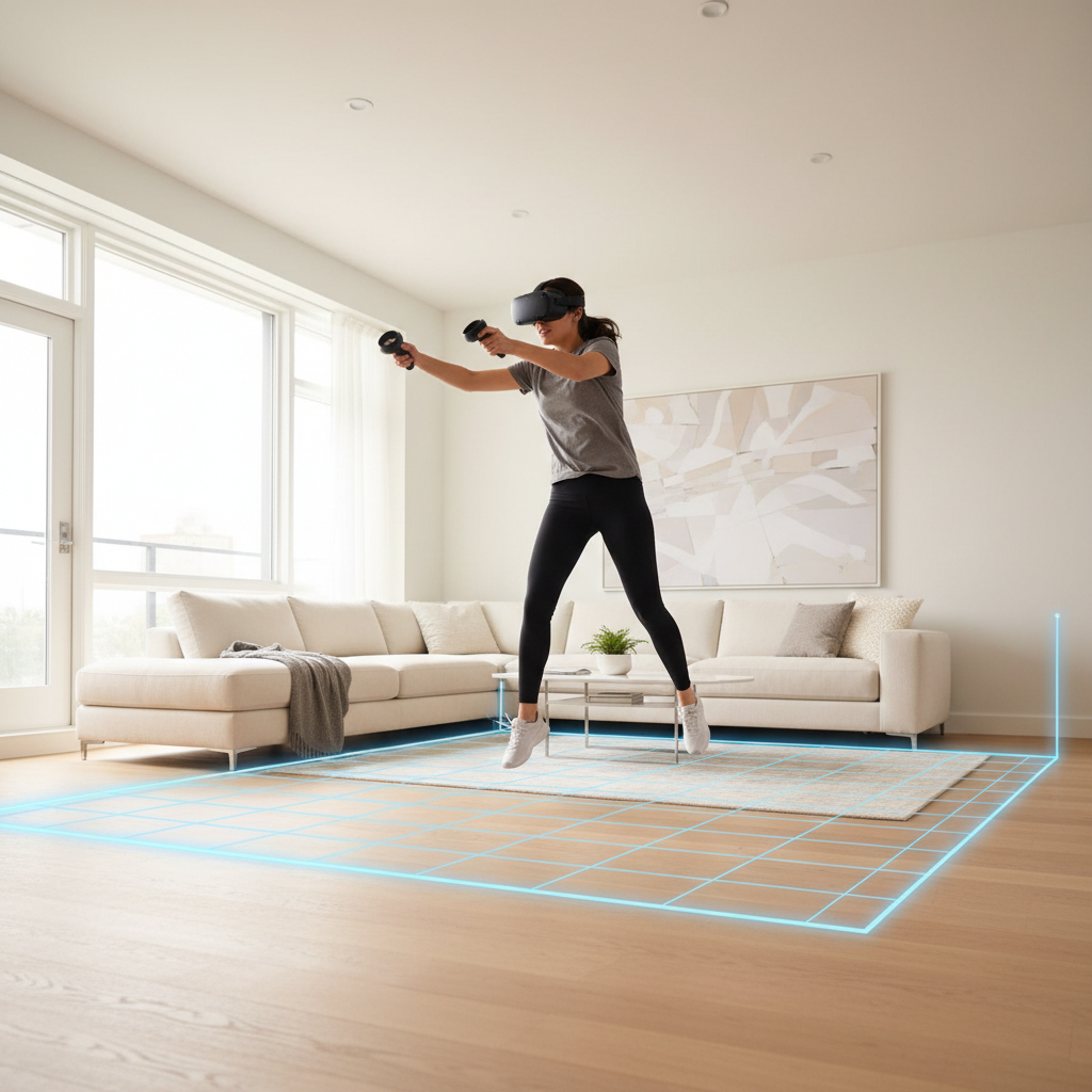 Player using Meta Quest 3 in a clear play space for active free VR games