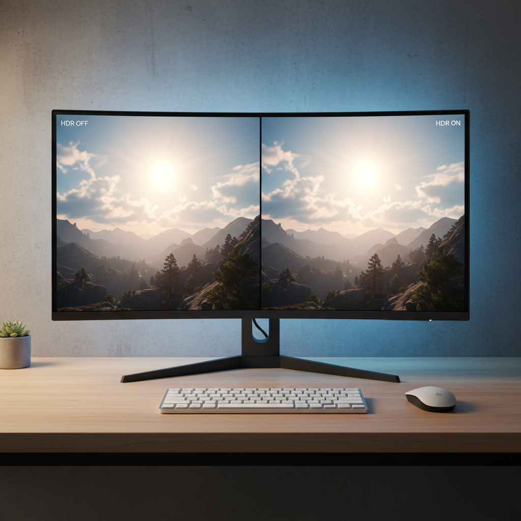 HDR highlight detail comparison in a video game scene on a monitor