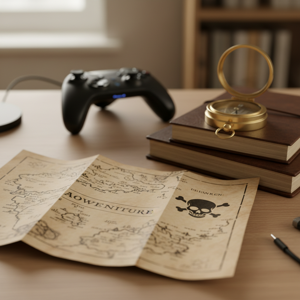 Treasure map and compass on a gaming desk for treasure hunting games