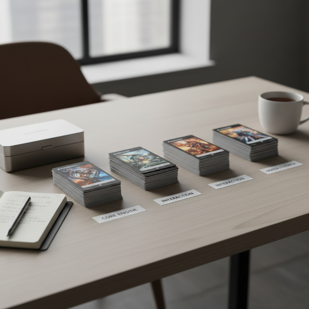 TCG deckbuilding workspace with card piles for core, removal, and lands