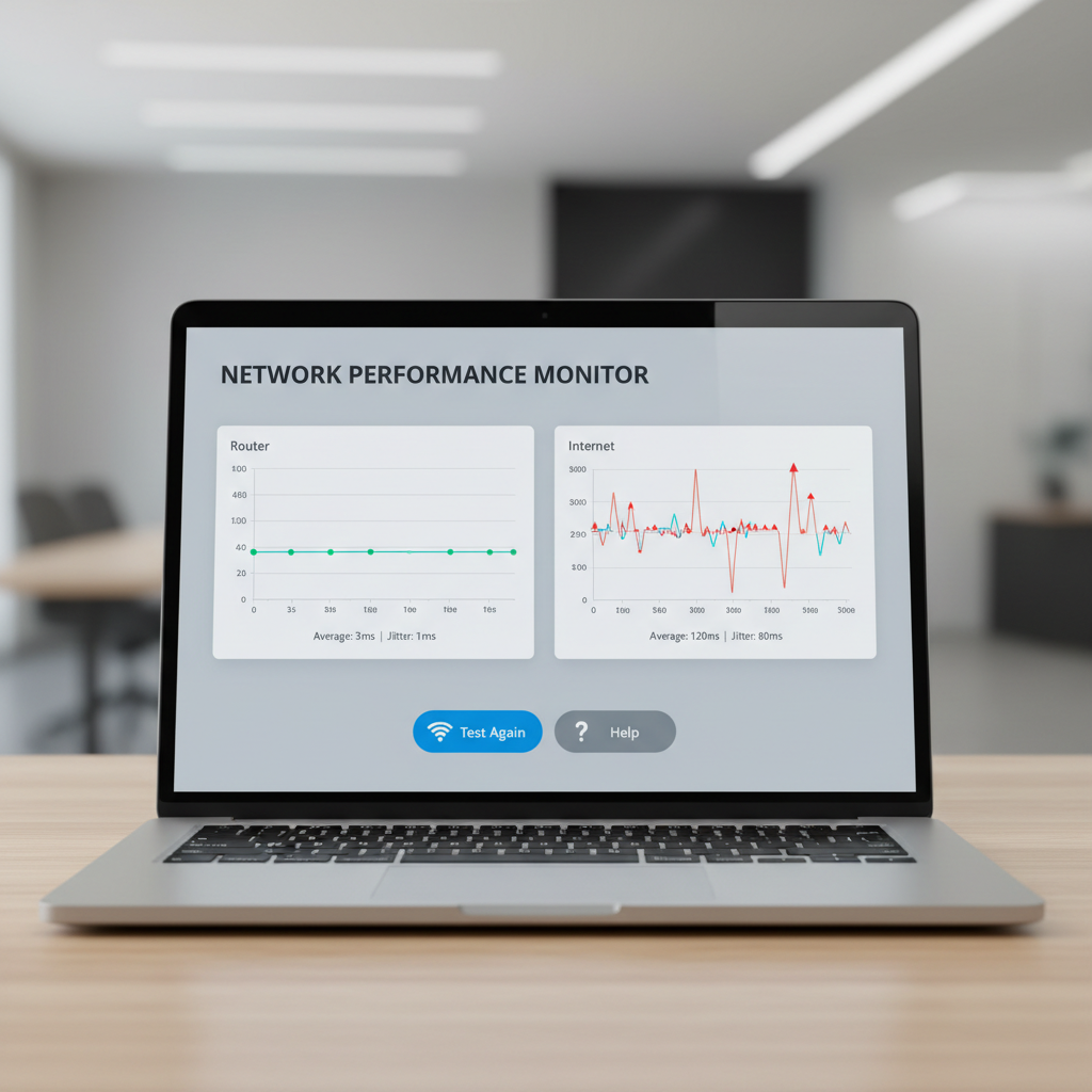 Ping test results showing stable router ping but high internet latency spikes